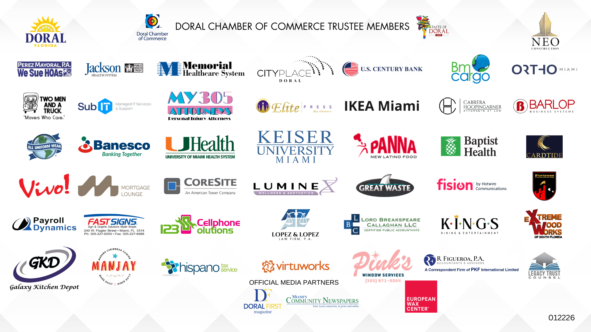 Doral Chamber Trustee Banner 012226 Doral Chamber of Commerce Trustee Members as of January 21st, 2026